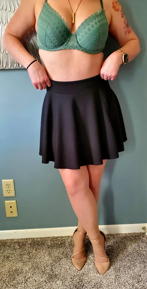 Skirt, pantyhose, and heels stay on. by ChiCouple709