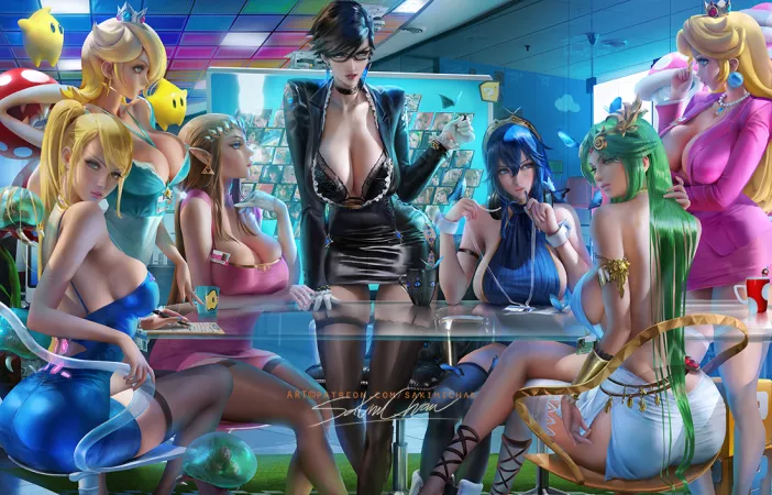 Smash meeting with Samus, Rosalina, Zelda, Bayonetta, Byleth, Palutena, and Peach. (Sakimichan) by SamusDk