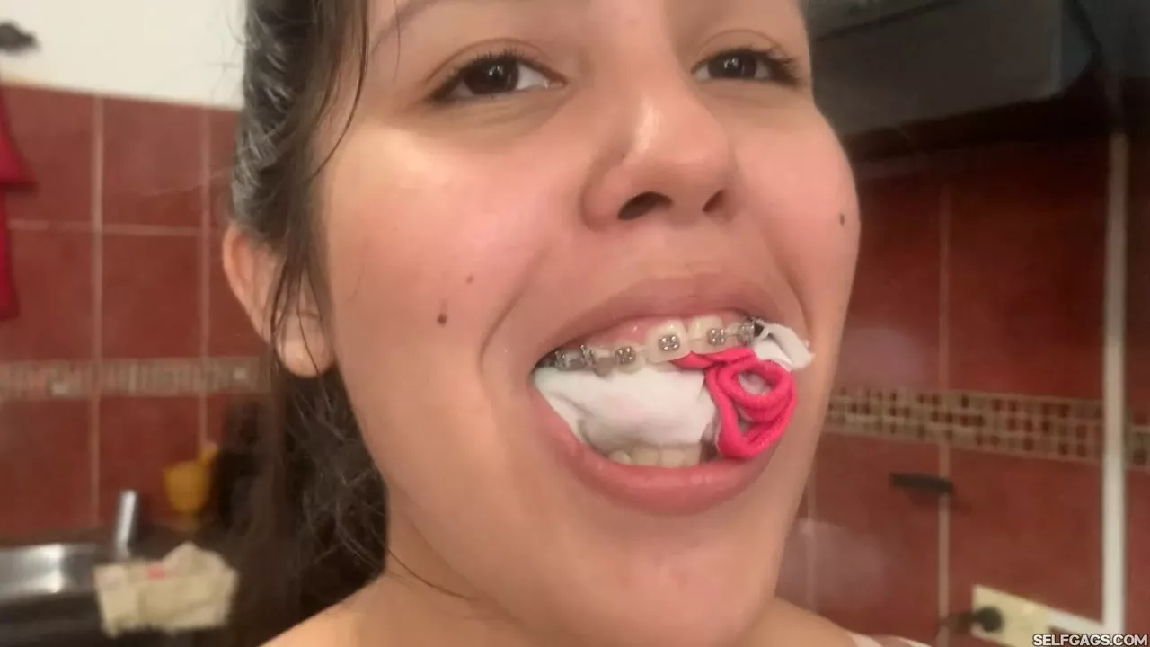 Smiling with panties in her mouth (they were dirty by the way) posted by Selfgags