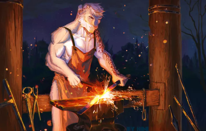 Snow Leopard blacksmith forging the molten metal on the anvil (art is by me, Hini :3) by Hini_w