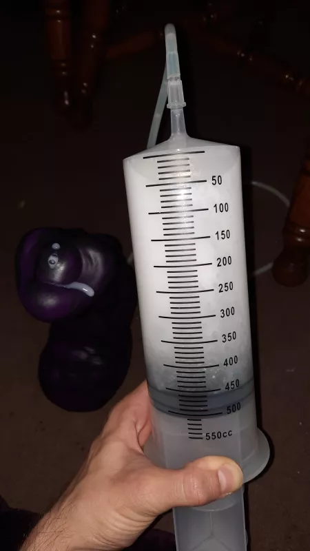 So, I got a new syringe for my medium Stan..... Didn't think I could take it all, but I did! (The cum lube, not Stan lol, only got just over halfway on him) pics of in use progress to follow? by Snoo-37429