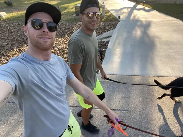 Sometimes we wear matching outfits and walk the dogs around our Central Texas neighborhood to remind our neighbors of the Gay Agenda by chattamike