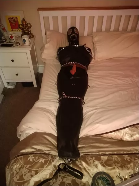 Soo horny all trapped tight in rubber/rubber sleepsack & chains & a gas mask ;) by jimbob0702