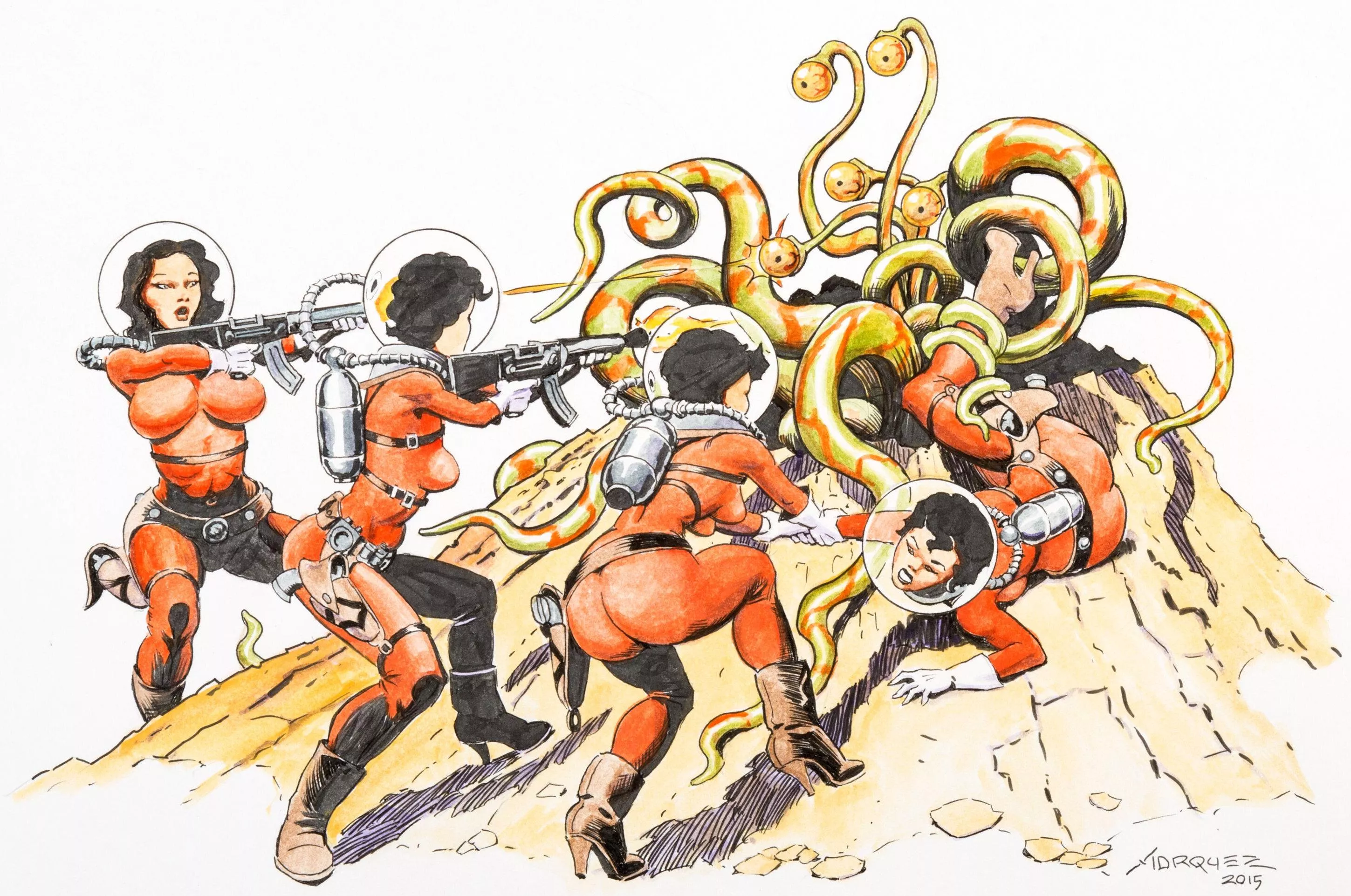 Space women and tentacle monster by Don Marquez (2015) posted by prismatika_on_tumblr