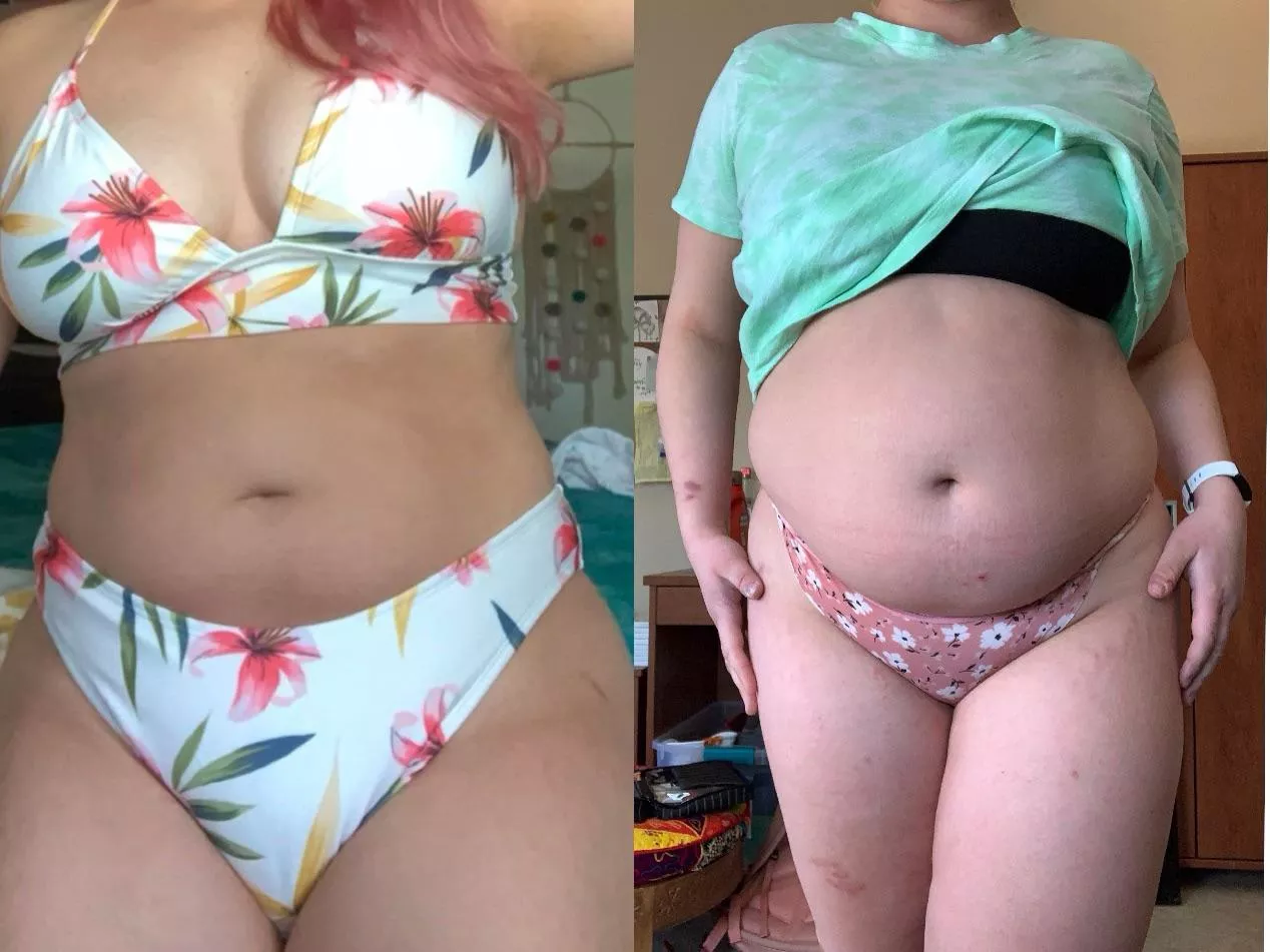 summer 20’ compared to spring 21’ my summer body has improved a few pounds 🥰 posted by bigbellyblonde