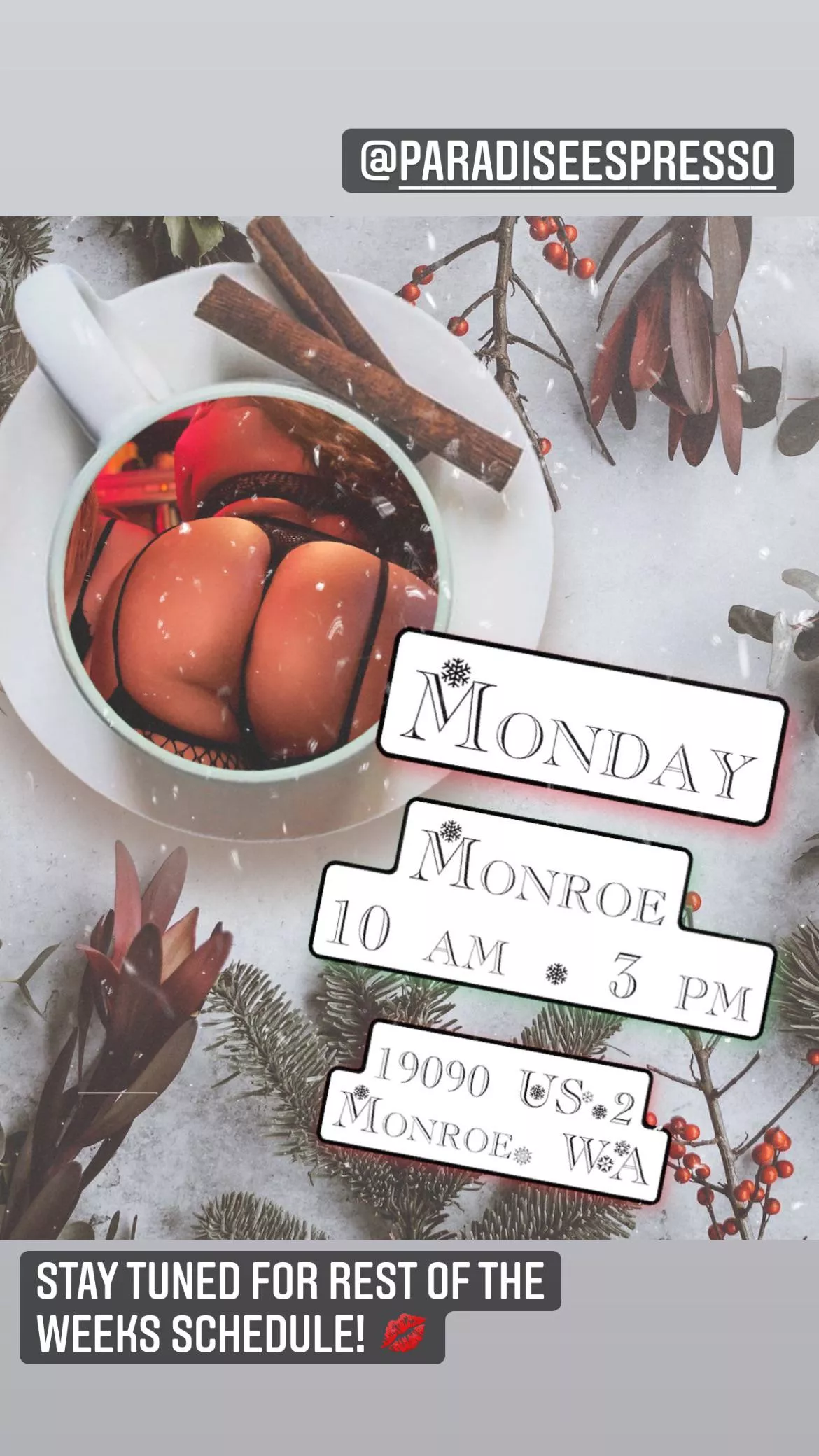 @sunshynebarista Catch me tomorrow in Monroe at the @paradiseespresso from 10 am - 3 pm🌴☕️ Stay tuned for the rest of this weeks schedule 💋 posted by AttitudeImpossible26