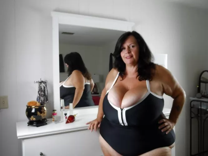 Suzy Q stuffed into a black one piece by Udderluvr2020