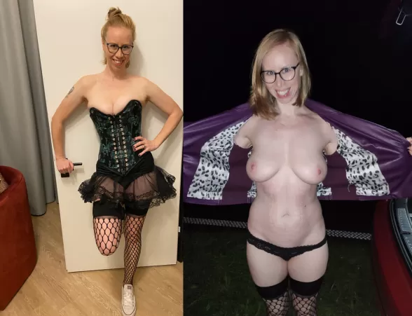 these pics are the before-and-after of a sex party we went to in Berlin 2 weeks ago - the after pic is freshly fucked. afterwards I couldn't get the corset off fast enough - pic was at the car outside the club by georgepauljohnringo
