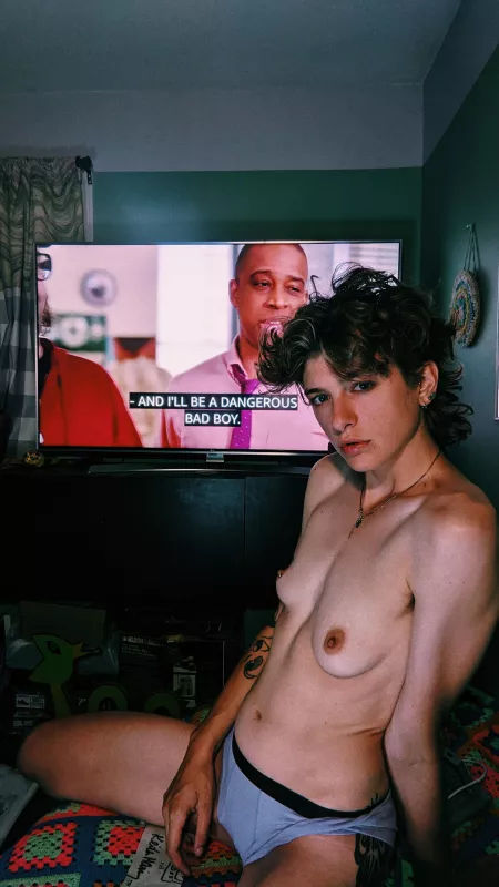 This photo is just missing my strap on...featuring perfectly timed captions on the tv 😅 by dontcryken