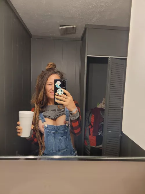 Titty Tuesday in the office with my styrofoam cup of coffee with pumpkin spice creamer cuz its fall- can't you tell by the flannel & overalls?😛 (f) by misslunablue