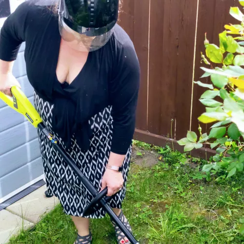 Totally wrong outfit for weed whacking my lawn. Did protect my face 😃 with weird helmet (43) by PlumpMilf