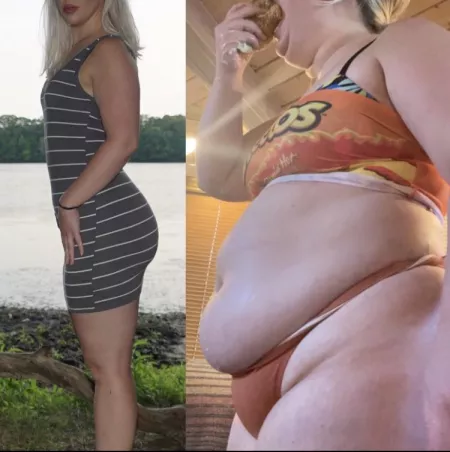 Traded in a sharp jawline and a flat stomach for a cheesesteak and a fupa by myfatblondegf