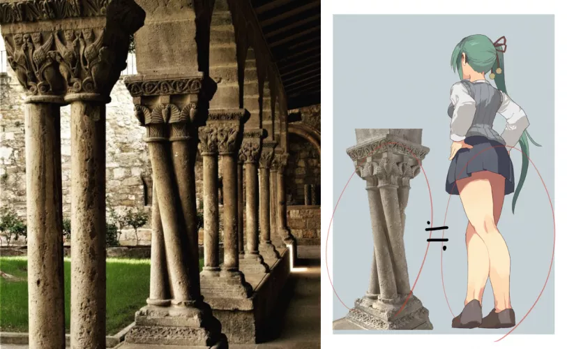 Twisted column from Iglesia de San Pedro de la Rúa envisioned as Kagura Suzu crossing her legs [.LIVE Vtuber] by nananashi3