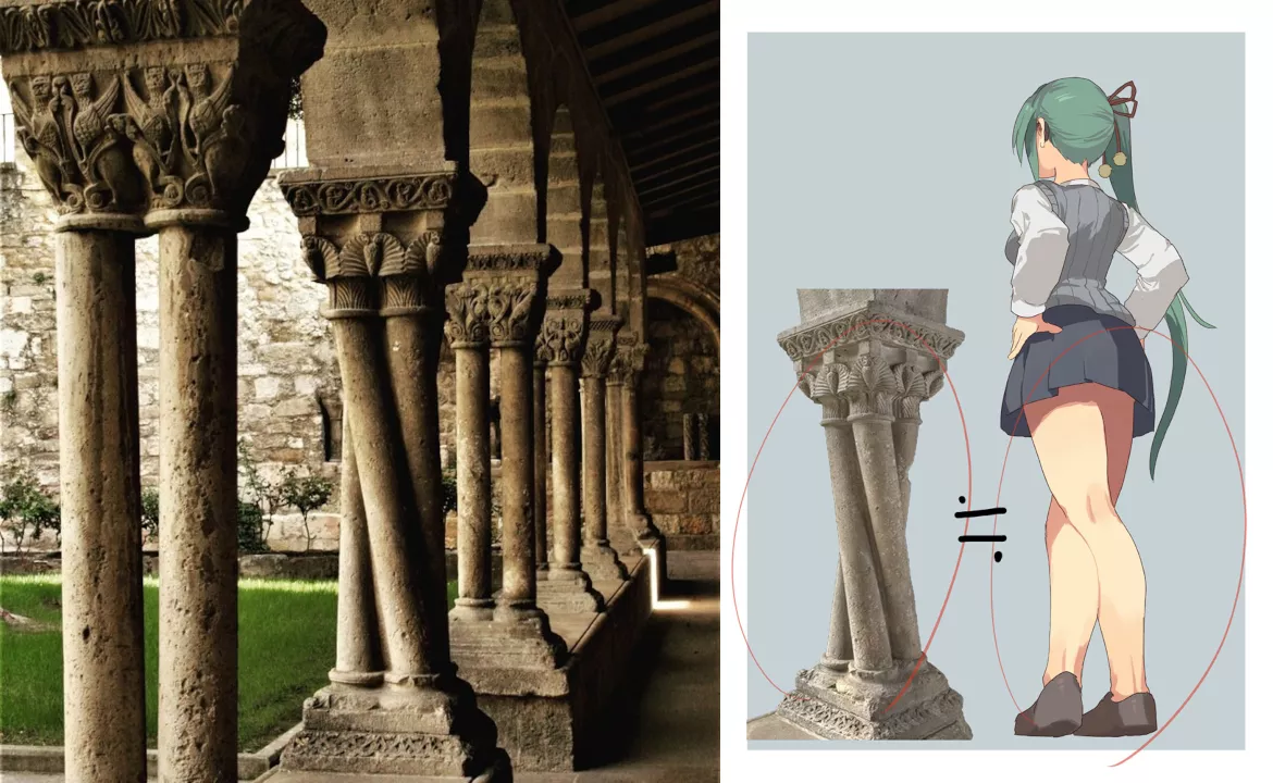 Twisted column from Iglesia de San Pedro de la Rúa envisioned as Kagura Suzu crossing her legs [.LIVE Vtuber] posted by nananashi3