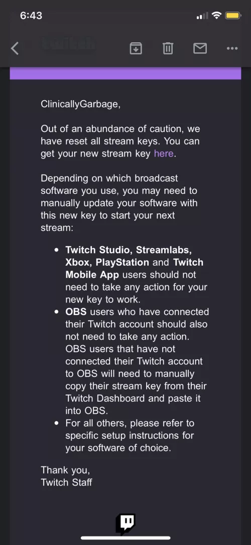 Twitch is resetting stream keys. Just so y’all know by flare_156