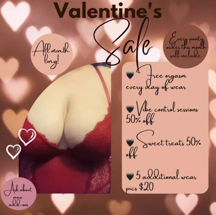 Valentine’s Sale is here and lasts all month long! ♥️😘 Verified 5 Star Seller [selling] sweets, panties, vibe control, and more! Menu is on my profile ♥️ posted by CandyCoated20212