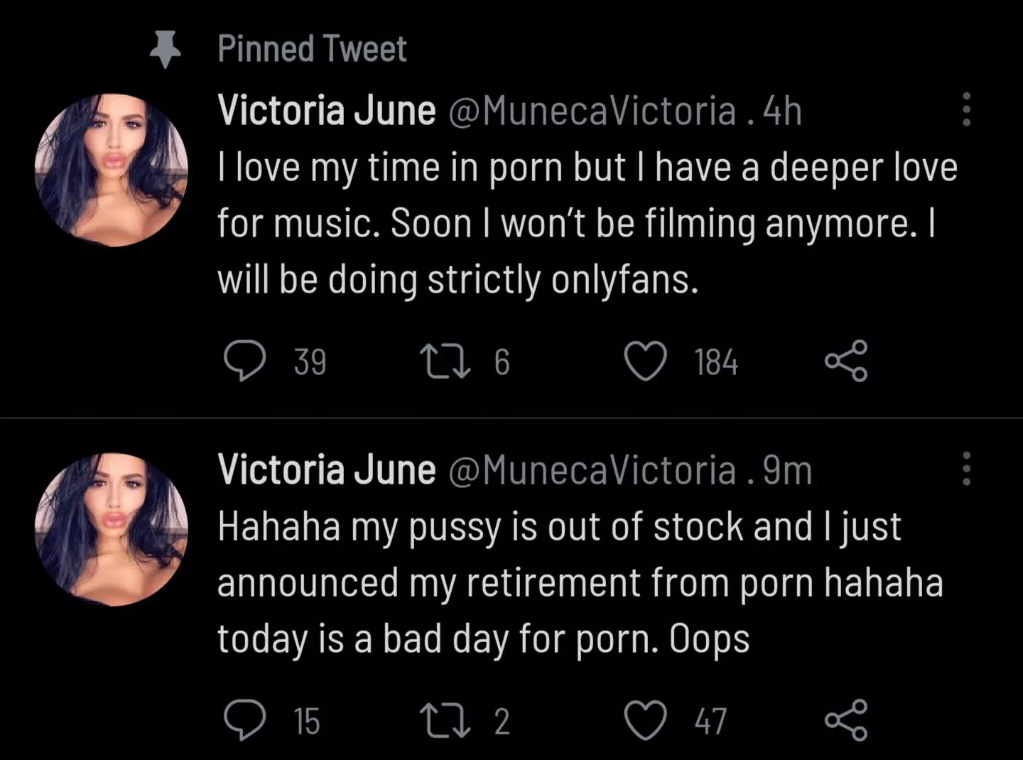 Victoria announced her retirement. posted by RandomPornLover