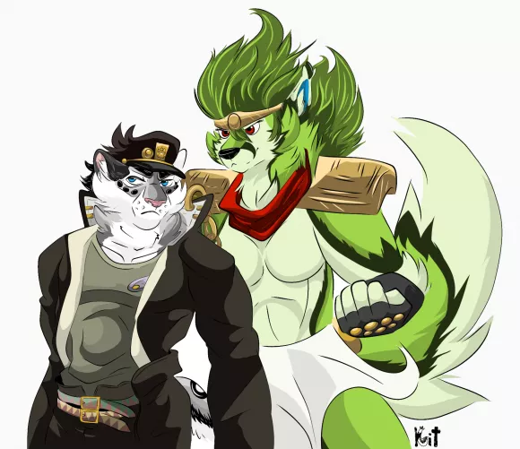 We were watching Jojo's and my gf came up with this using our fursonas ( art: kitchi drachenblut) by InterdimensionalSnep