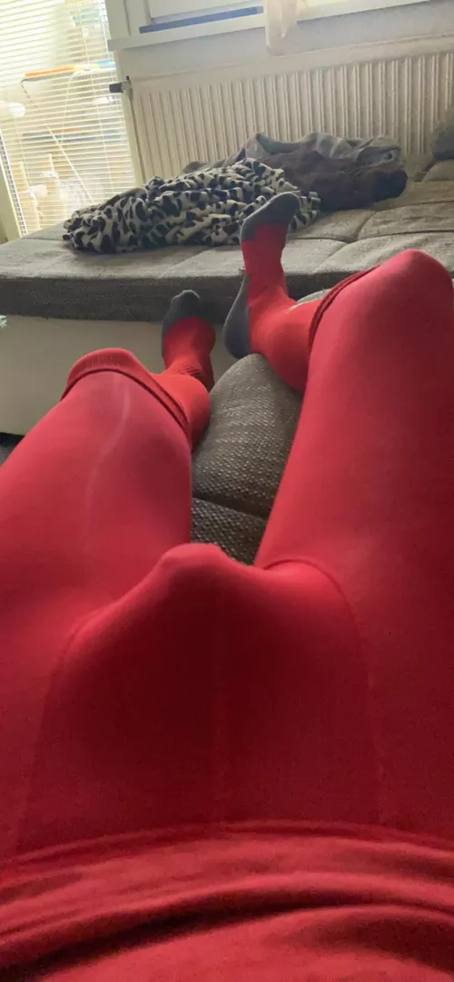 wearing my long red soccer socks along with those red gym tights transforms me into an evil COCKDEMON 😈 by AustrianAlpha