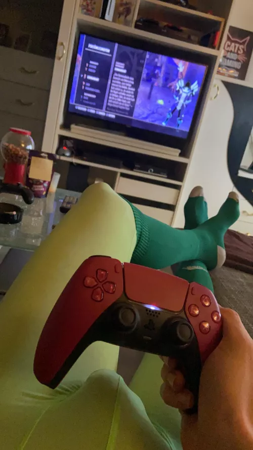 wearing my new combo of light green bulging tights along with green soccer socks while getting super stoned and gaming with my friends online 😅 by AustrianAlpha