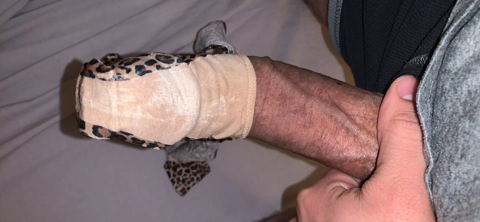 Wearing u/jjenkins245 dirty cheetah thong on my cock posted by Dry_Indication516