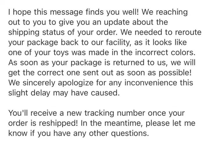 Well this is surprising…they shipped out my custom order and recalled it after realizing they made one of the toys in the wrong color by switchy-witchy-girl