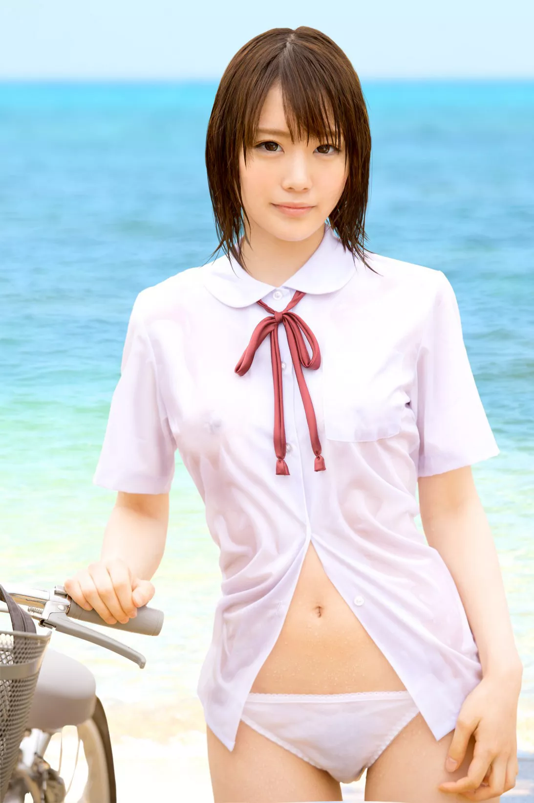Wet at the beach in shallow area with uniform and a bike? Not sure how such a scenario happens. | Suzumura Airi posted by biggunnerz