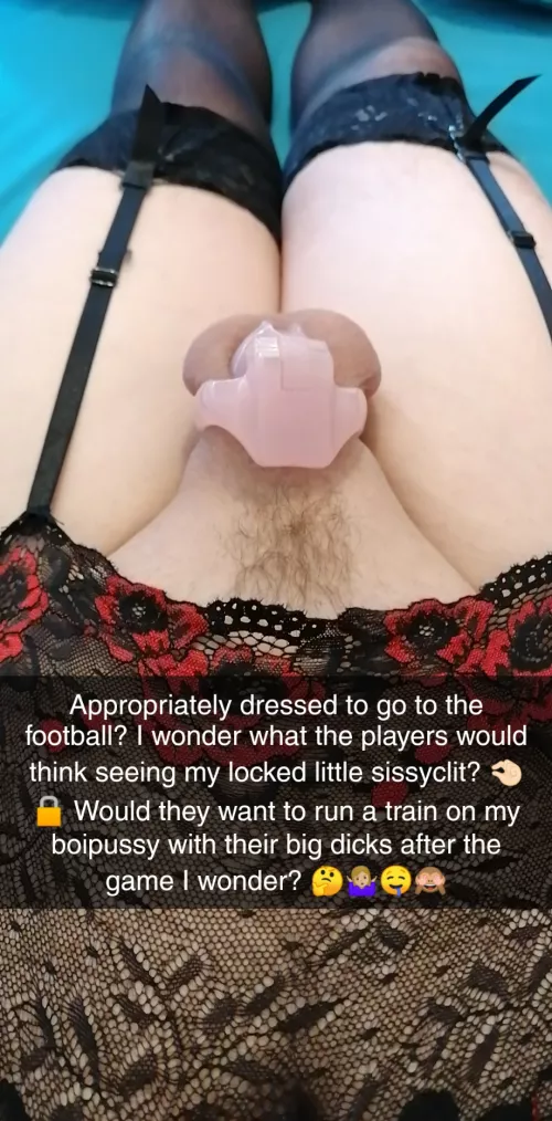 What I'm wearing under my 'boy' clothes to go watch the football this afternoon! 🤏🏻🔒😏😜Definitely won't be standing at the urinals next to the other 'men' at half time! 😳🙈 by BtnCuckSwitch