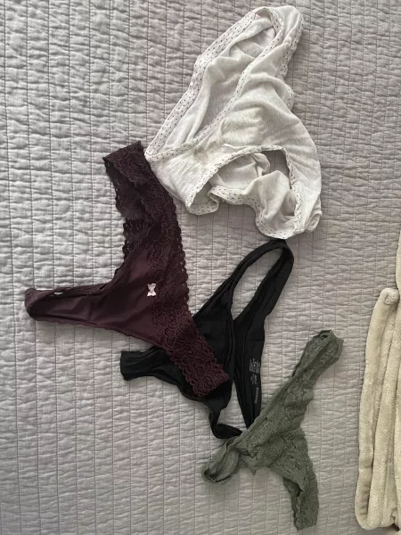 Which should I dirty today? Green were worn two days. White have a little pee leak I had this morning. by TayrasThrowaway