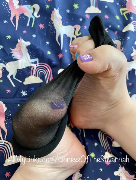 Who likes my playful freshly done multicolored toes pulling off my nylon sock?! 😜 by Savannahs_Feet