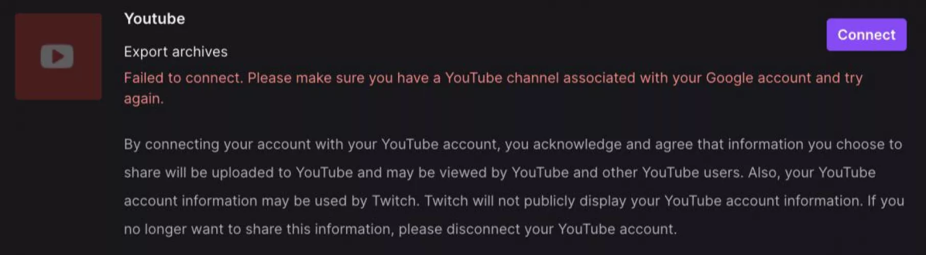 Why can’t I connect to YouTube and upload my vods anymore? My YouTube account very much does exist im literally using it right now to watch YouTube on my tv. Twitch just up and said “fuck you no more YouTube” by foxbosun