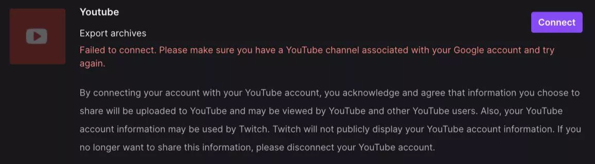 Why can’t I connect to YouTube and upload my vods anymore? My YouTube account very much does exist im literally using it right now to watch YouTube on my tv. Twitch just up and said “fuck you no more YouTube” posted by foxbosun