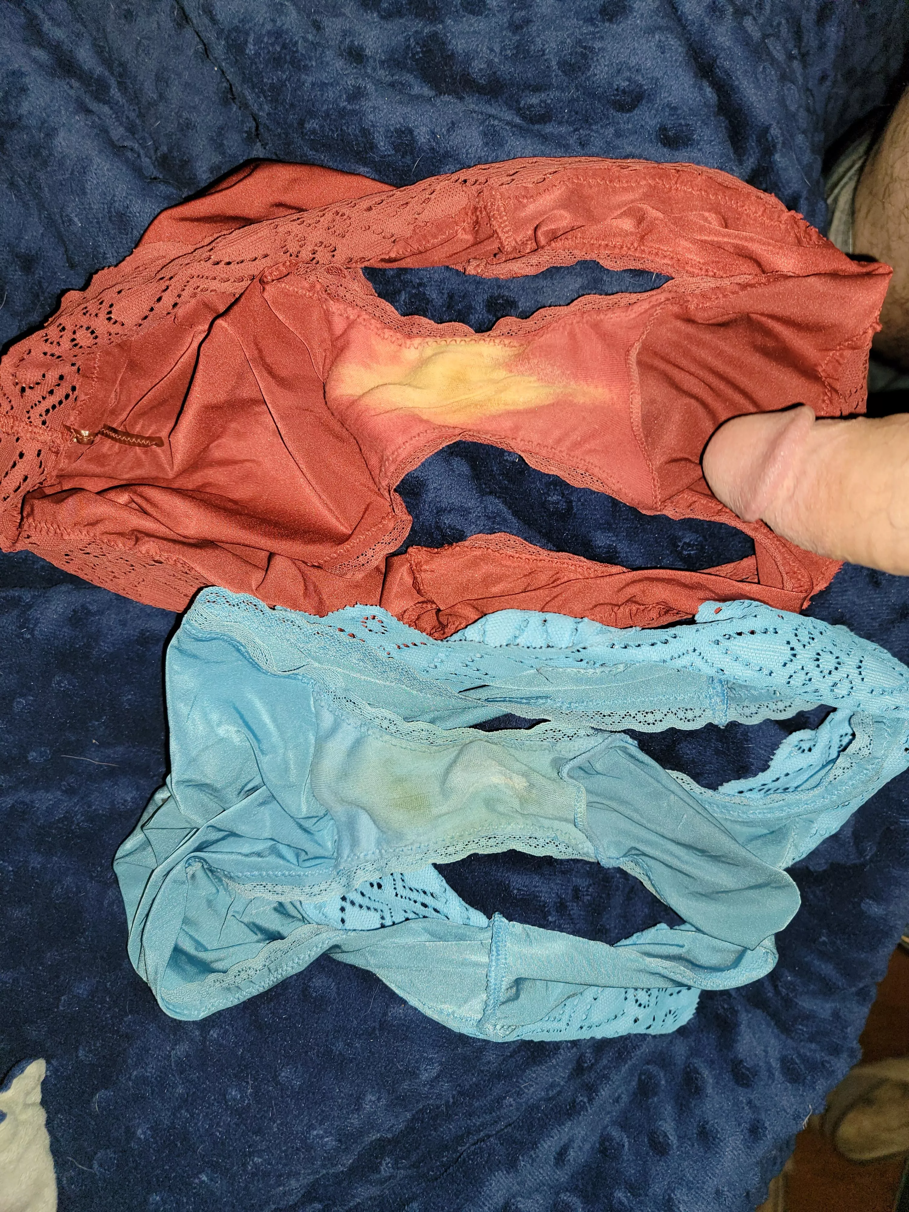 Wife left the matching red pair out too. They both smell so good. posted by smalldickhubby2020