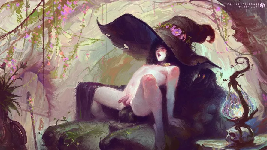 Witchy femboy enjoying their familiar by AlieninaTuxedo97