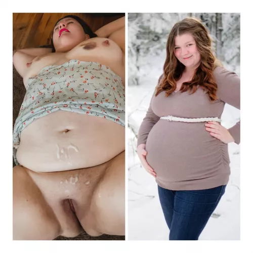 Would you pull out like he did or make me a mom again? How do I look with the swollen belly and pregnant glow? And finally, would you bring your friends over to creampie gangbang me once my belly is big enough? by MaskedAndUsed