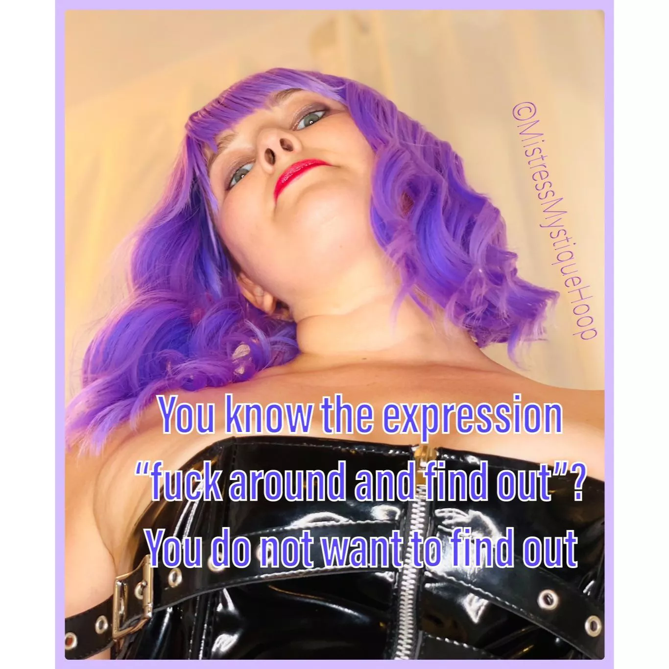 Would you rather be spanked over my lap or laughed at by me and my friends? 💜😈💜 posted by MistressMystiqueHoop