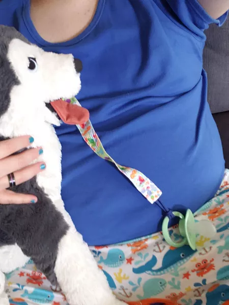 Yay! Just got home and all wittle. Got a fluffy diapee under my onesie and short. Hanging out with Luna and playing Animal Crossing. Hope you're having fun by bradsters55