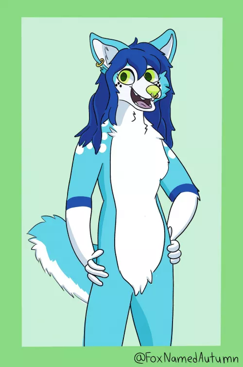 Yet another blue dog? (Fanart for @BlueFolf, by me @FoxNamedAutumn on twitter) by AutumnWinterFox