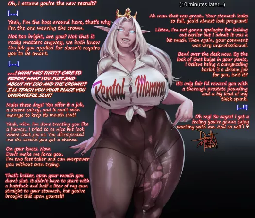 Your elf boss breaks you in [Oral] [Anal] [Stomach Bulge] [Rough](but only at first) [Artist:DeathMask] [First Caption] by [deleted]