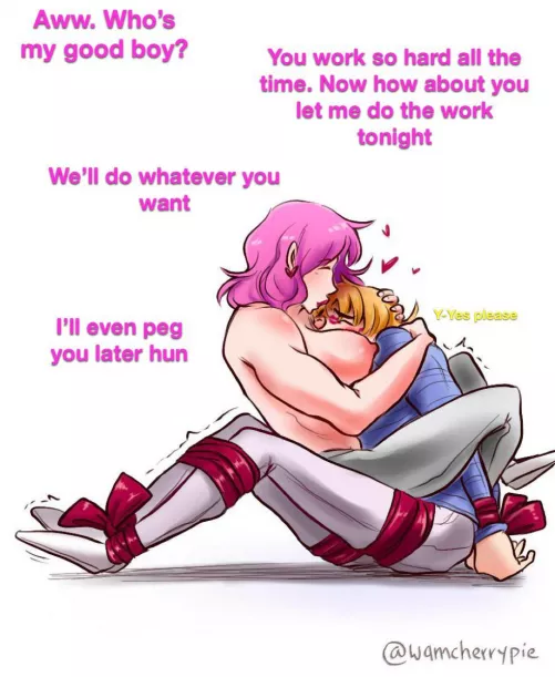 Your femdom gf loves on you at the end of a long day. (Femdom) (tied up) (submissive) (pink hair) (pegging) by Sum-Duck