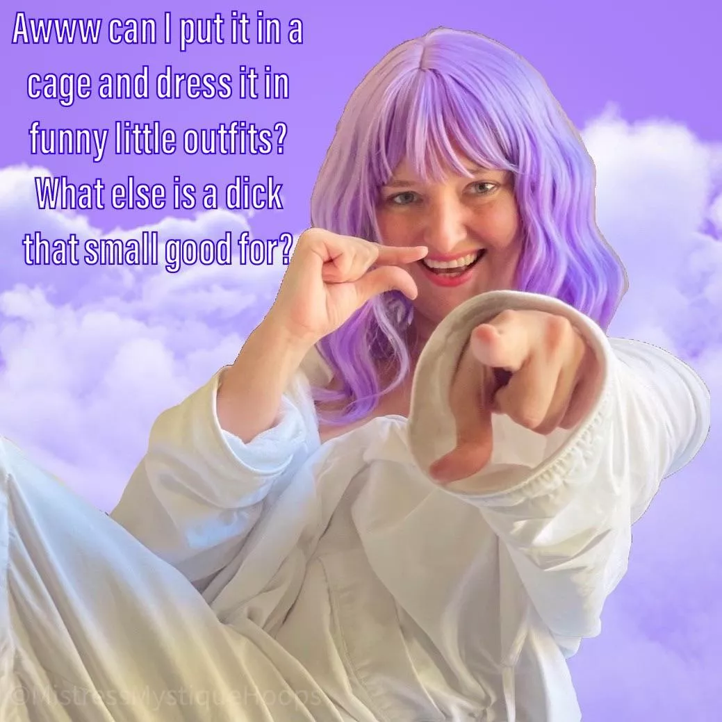 Your miniature penis would look so much better in a cage and a funny hat 💜😈💜[domme] posted by MistressMystiqueHoop