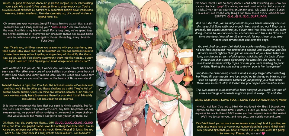 You're approached by 2 beautiful Elves trying to gift you something special... [Cum Drinking] [Wholesome] [Loving] [Long] [Artist: Messhi] by JohnAlexanderKing