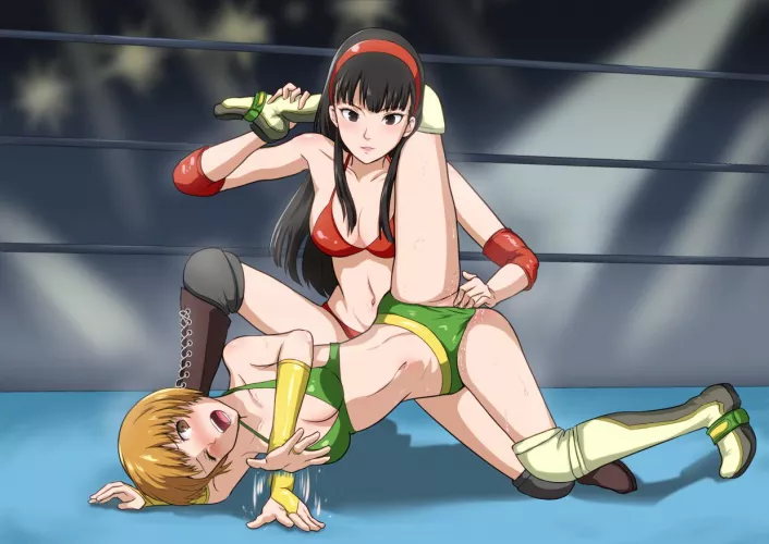 Yukiko and Chie wrestling by VampireQueenDespair