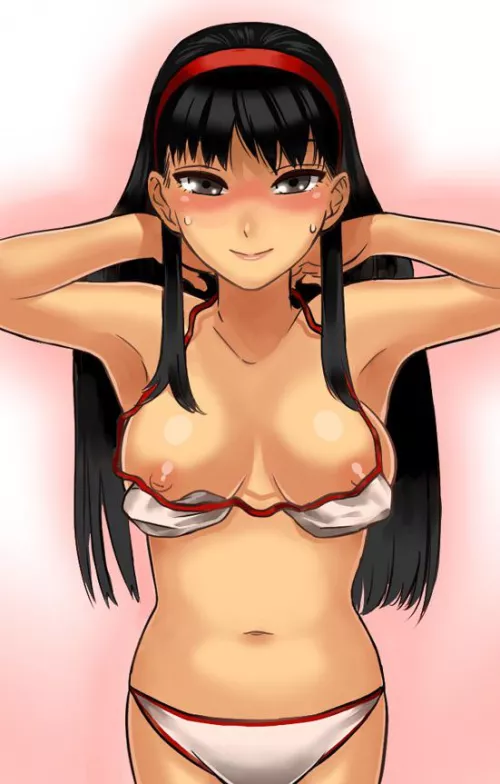 Yukiko removing her swimsuit by VampireQueenDespair