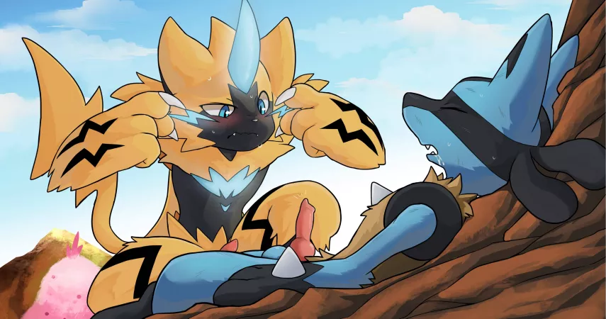 Zeraora & Lucario (Huka) by TangentYoshi